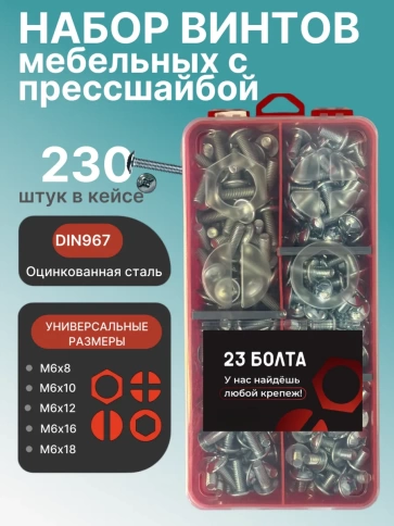Винты с прессшайбой М6 мебельные DIN967 органайзер НАБОР 1 фото 1