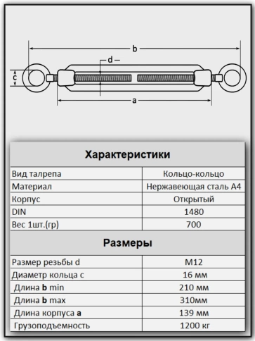 Талреп кольцо-кольцо нержавеющий А4 М12 DIN1480, 6 шт. фото 2
