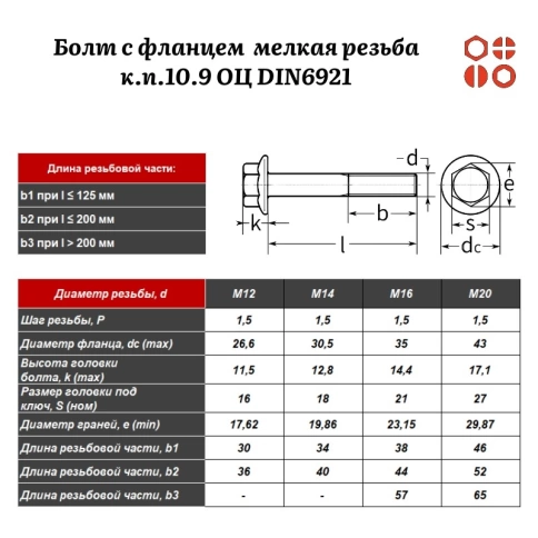Болт с фланцем ПР М14х1,5х45 мелкая резьба к.п.10.9 ОЦ DIN6921 с насечкой, 25 шт. фото 2