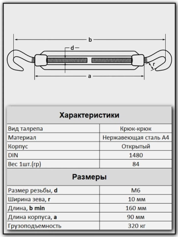 Талреп крюк-крюк нержавеющий А4 М6 DIN1480, 1 шт. фото 2