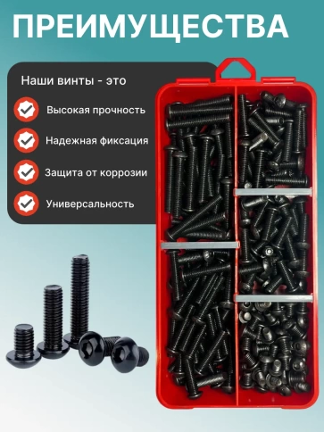 Винты чёрные М6 DIN7380 к.п.10.9 в органайзере НАБОР 1 фото 4