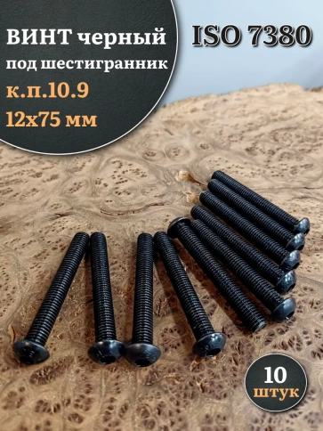 Винт чёрный М12х75 ISO 7380 под шестигранник к.п.10.9, 10 шт. фото 1