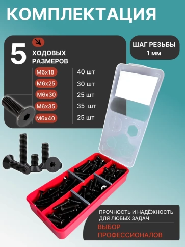 Винты потайные М6 черные к.п.10.9 DIN7991 органайзер НАБОР 2 фото 2