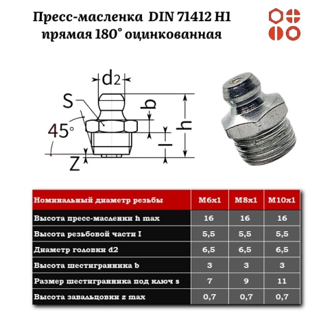 Пресс-масленка М8х1 DIN 71412 H1 прямая 180° оцинкованная, 100 шт. фото 2