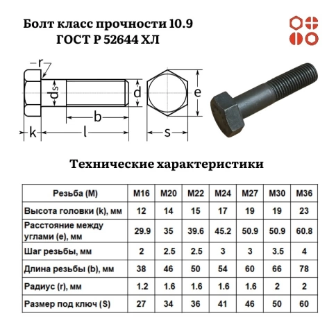 Болт 16х60 класс прочности 10.9 ГОСТ 52644 ХЛ 50 кг фото 3