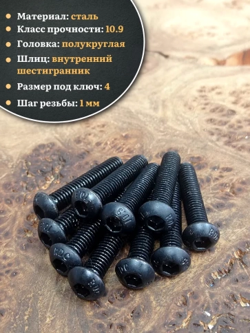 Винт чёрный М6х25 ISO 7380 под шестигранник к.п.10.9, 10 шт. фото 3
