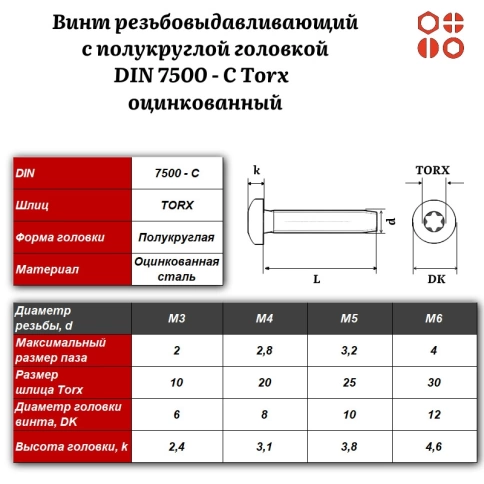 Винт резьбовыдавливающий DIN 7500 С Torx М4х10 оцинкованный, 1000 шт. фото 3