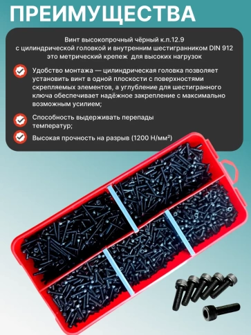 Винты М2,5 черные к.п.12.9 DIN912 в органайзере НАБОР 1 фото 4