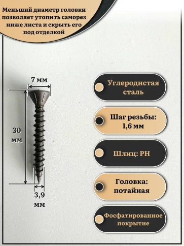 Саморез для крепления ГВЛ (гипсокартон) 3,9х30, чёрный фото 2