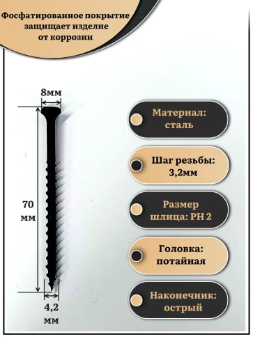 Саморез шуруп по дереву 4,2х70 крупная резьба, чёрный 1 кг. фото 2