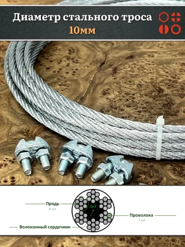 Трос стальной d10 с зажимами (4 шт.) ОЦ без оплетки, 20 м. фото 5