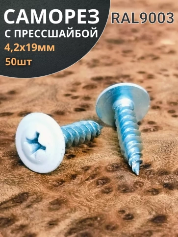 Саморез с прессшайбой 4,2х19 острый RAL9003 (белый), 50 шт. фото 1