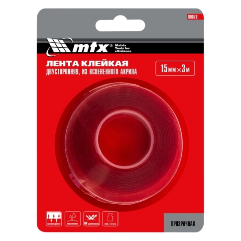 Лента клейкая двусторонняя 15мм х 3м, из вспененного акрила, прозр. Matrix фото 3