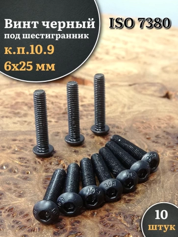 Винт чёрный М6х25 ISO 7380 под шестигранник к.п.10.9, 10 шт. фото 1