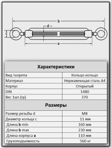 Талреп кольцо-кольцо нержавеющий А4 М8 DIN1480, 2 шт. фото 2