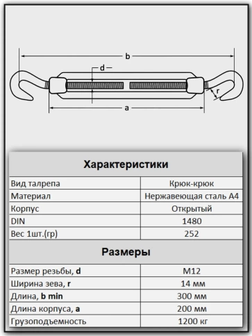 Талреп крюк-крюк нержавеющий А4 М12 DIN1480, 1 шт. фото 4