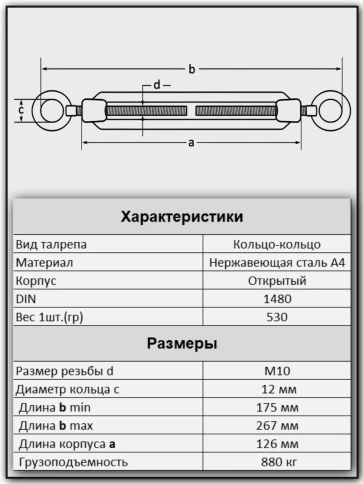 Талреп кольцо-кольцо нержавеющий А4 М10 DIN1480, 1 шт. фото 2