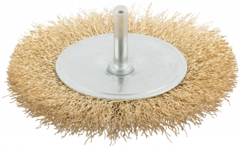 Корщетка-колесо, со штифтом, стальн.латунир.волнист.проволока 100 мм. фото 2