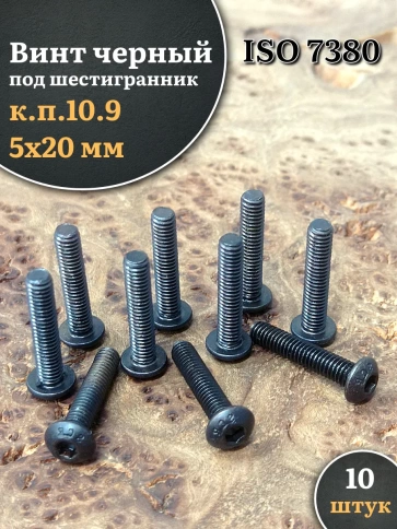 Винт чёрный М5х20 ISO 7380 под шестигранник к.п.10.9, 10 шт. фото 1