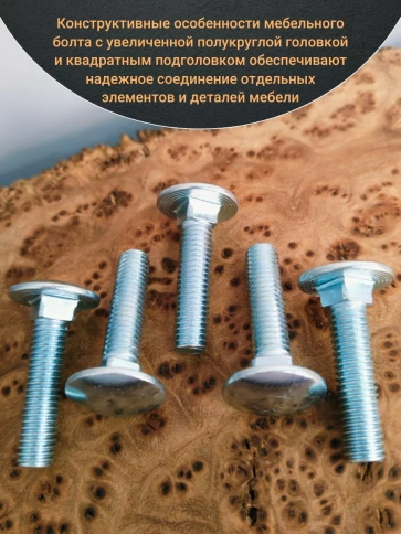 Болт мебельный М6х30 мм полукруглая головка DIN 603, 20 шт. фото 3