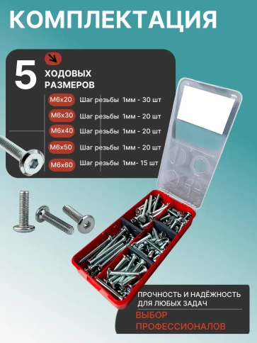Винты мебельные М6 DIN7420 в органайзере НАБОР 2 фото 2