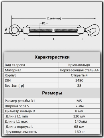 Талреп крюк-кольцо нержавеющий А4 М5 DIN1480 фото 4