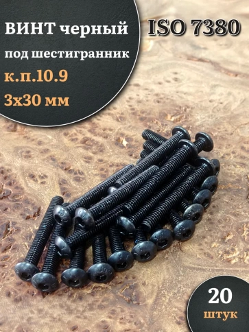 Винт чёрный М3х30 ISO 7380 под шестигранник к.п.10.9, 20 шт. фото 1
