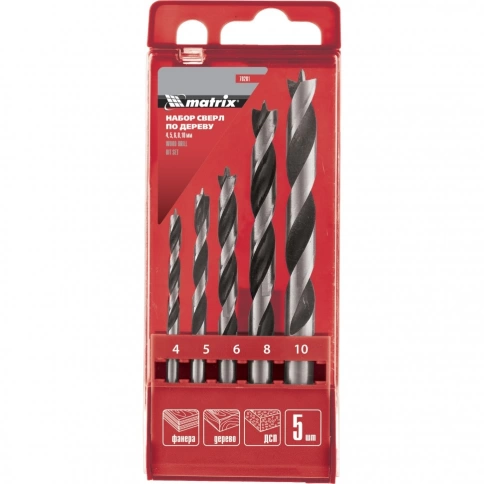 Набор сверл по дереву,цилиндрич. хвостовик,пластик. бокс 5 шт (4-5-6-8-10 мм ) Matrix фото 1